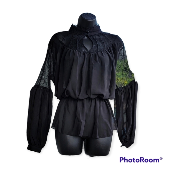 La Bellum Hillary Scott Peplum Blouse Size L Lace Bishop Long Sleeves Black - Picture 2 of 6